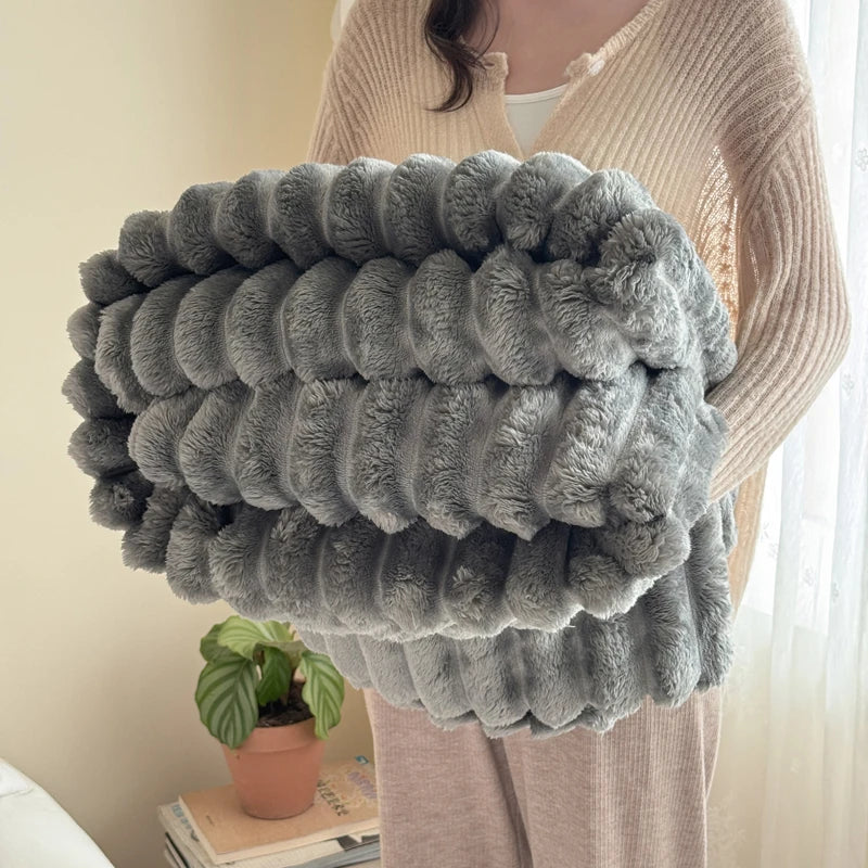 ROSEKIND Soft Faux Fur Rabbit Blanket With Striped Design