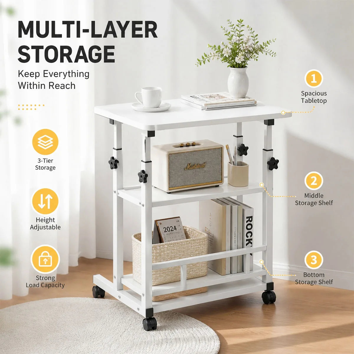 Adjustable Height Rolling Side Table With Three Tier Storage Cart