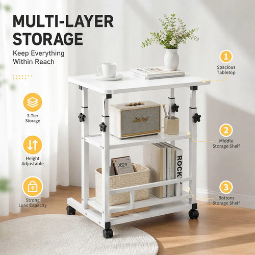 Adjustable Height Rolling Side Table With Three Tier Storage Cart