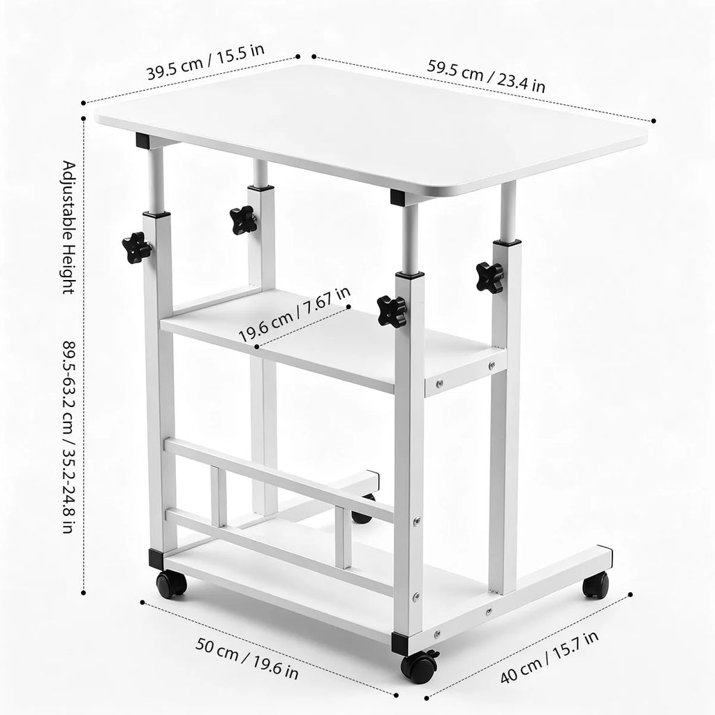 Adjustable Height Rolling Side Table With Three Tier Storage Cart