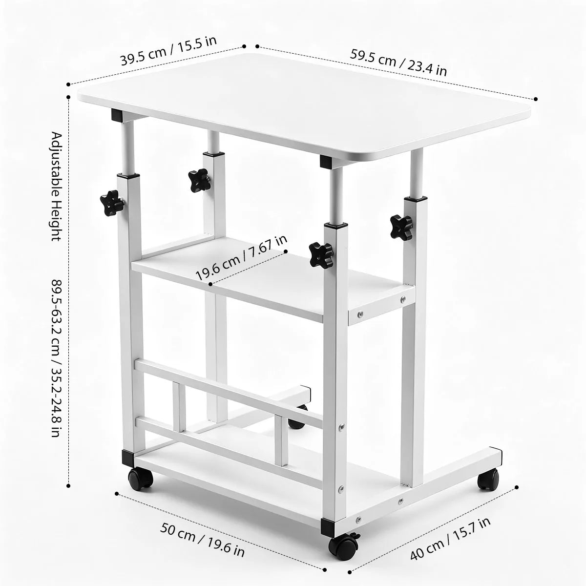 Adjustable Height Rolling Side Table With Three Tier Storage Cart