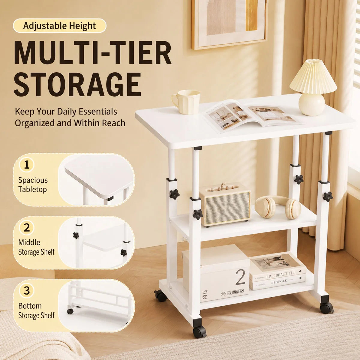 Adjustable Height Rolling Side Table With Three Tier Storage Cart