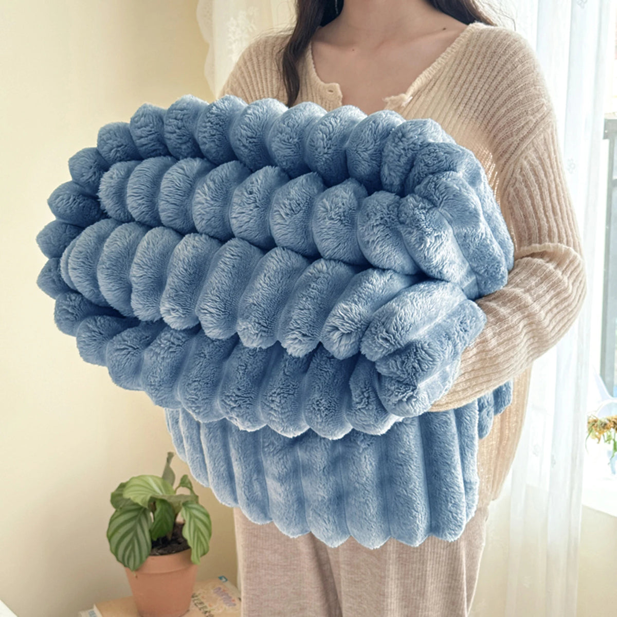 ROSEKIND Soft Faux Fur Rabbit Blanket With Striped Design