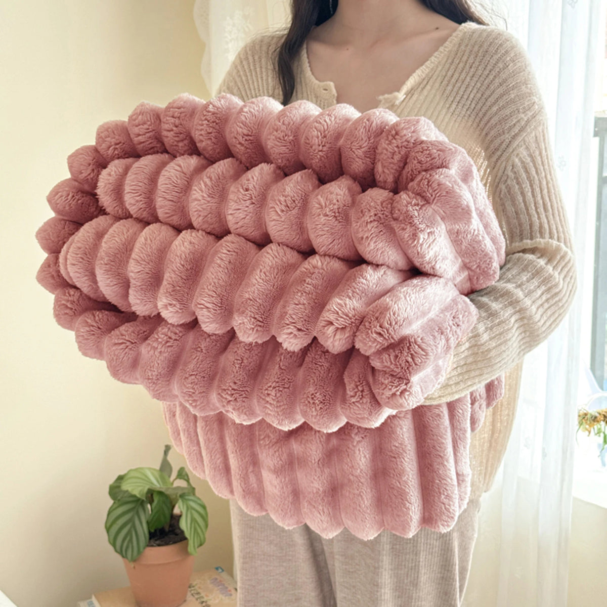 ROSEKIND Soft Faux Fur Rabbit Blanket With Striped Design