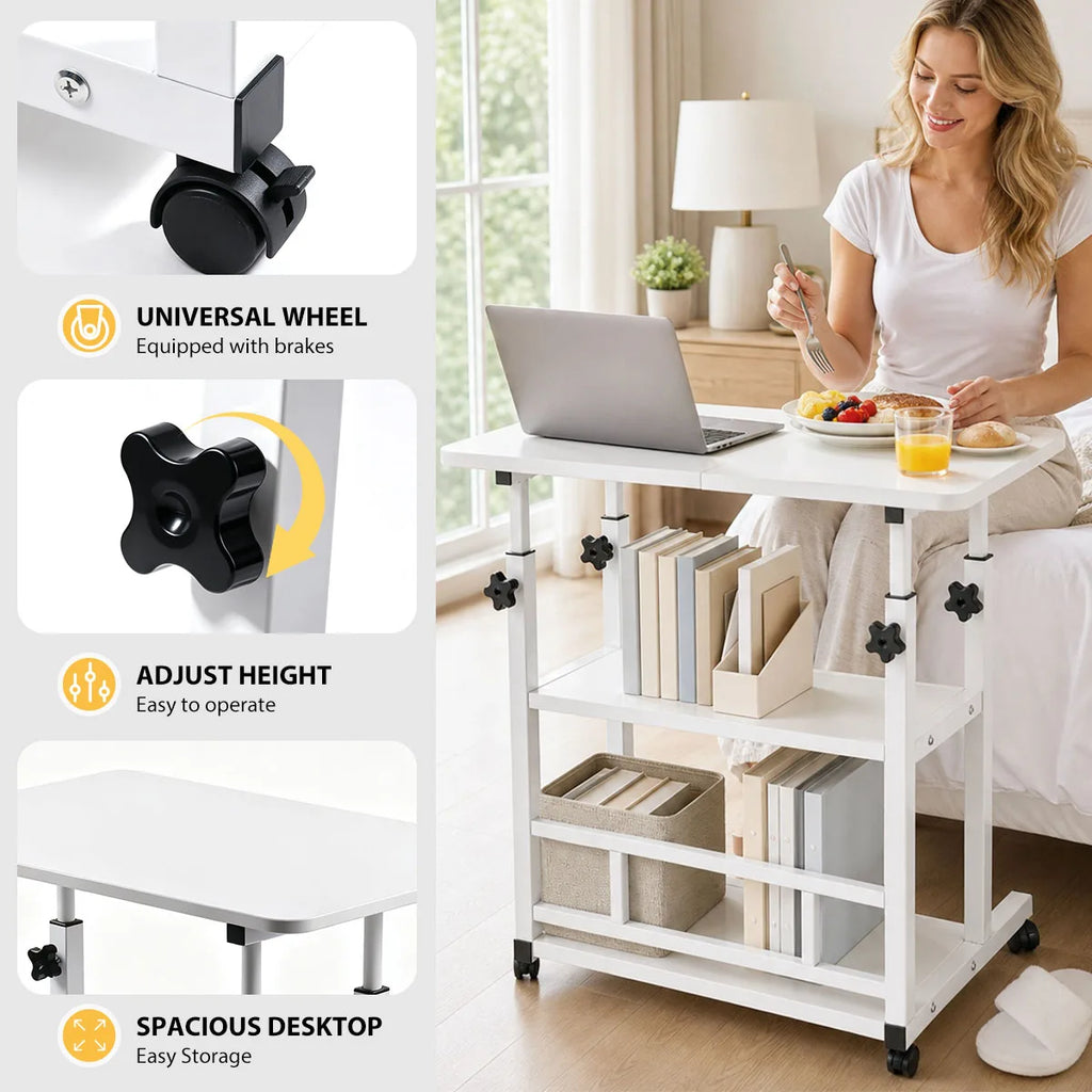 Adjustable Height Rolling Side Table With Three Tier Storage Cart