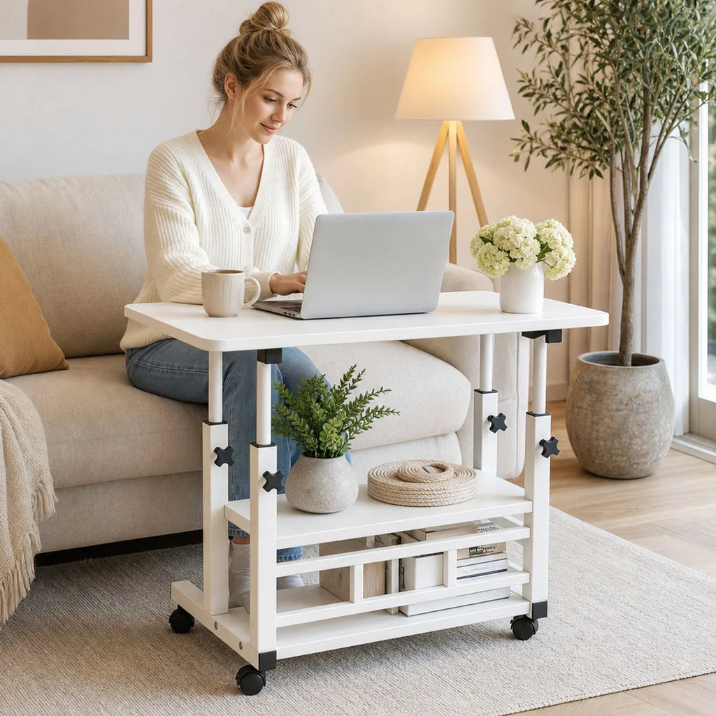 Adjustable Height Rolling Side Table With Three Tier Storage Cart