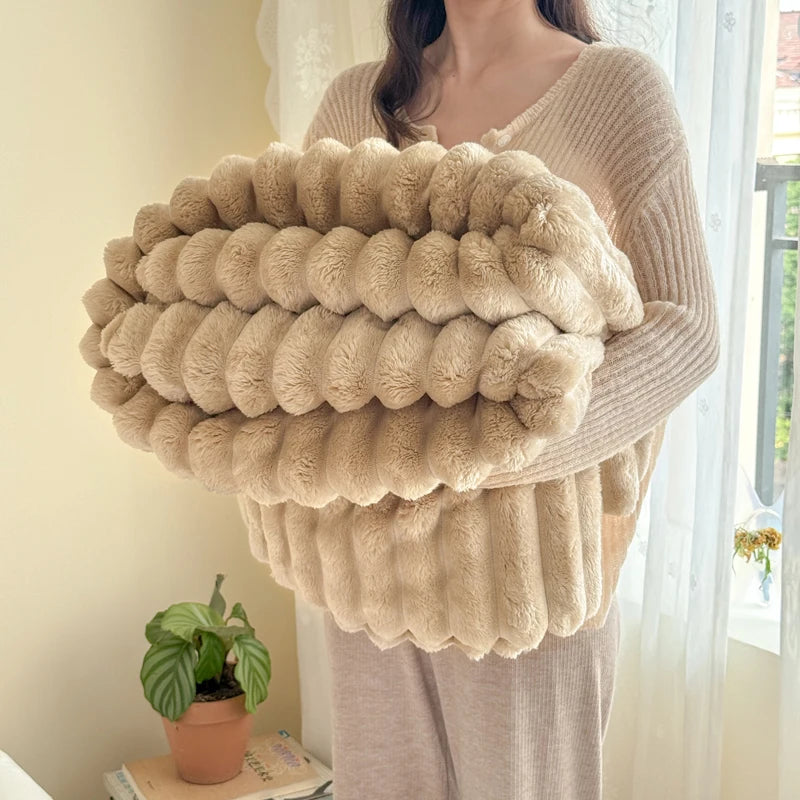 ROSEKIND Soft Faux Fur Rabbit Blanket With Striped Design