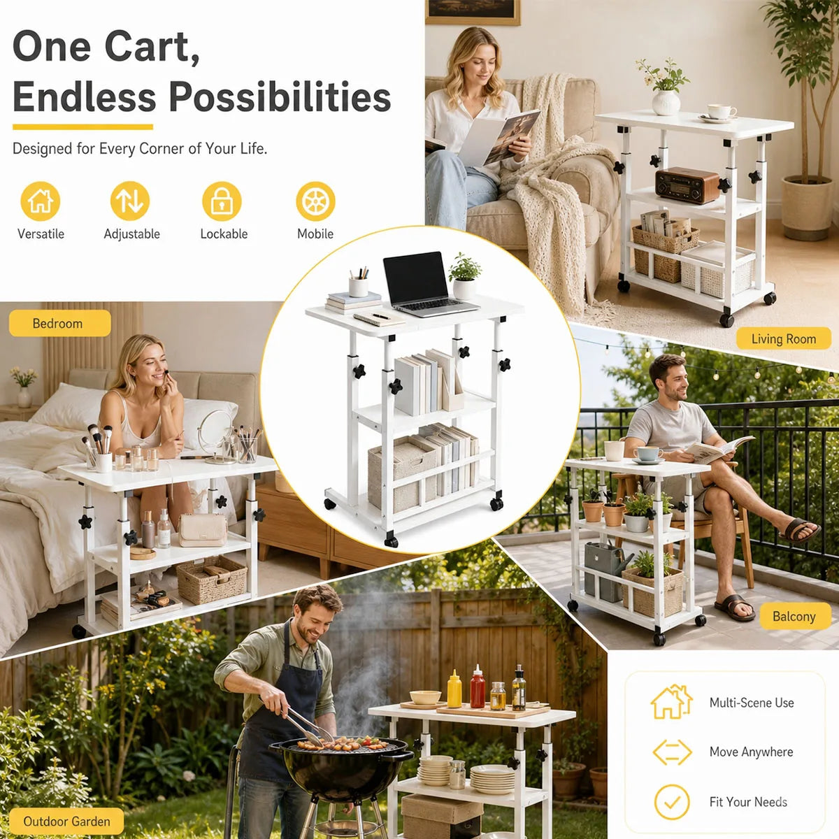 Adjustable Height Rolling Side Table With Three Tier Storage Cart