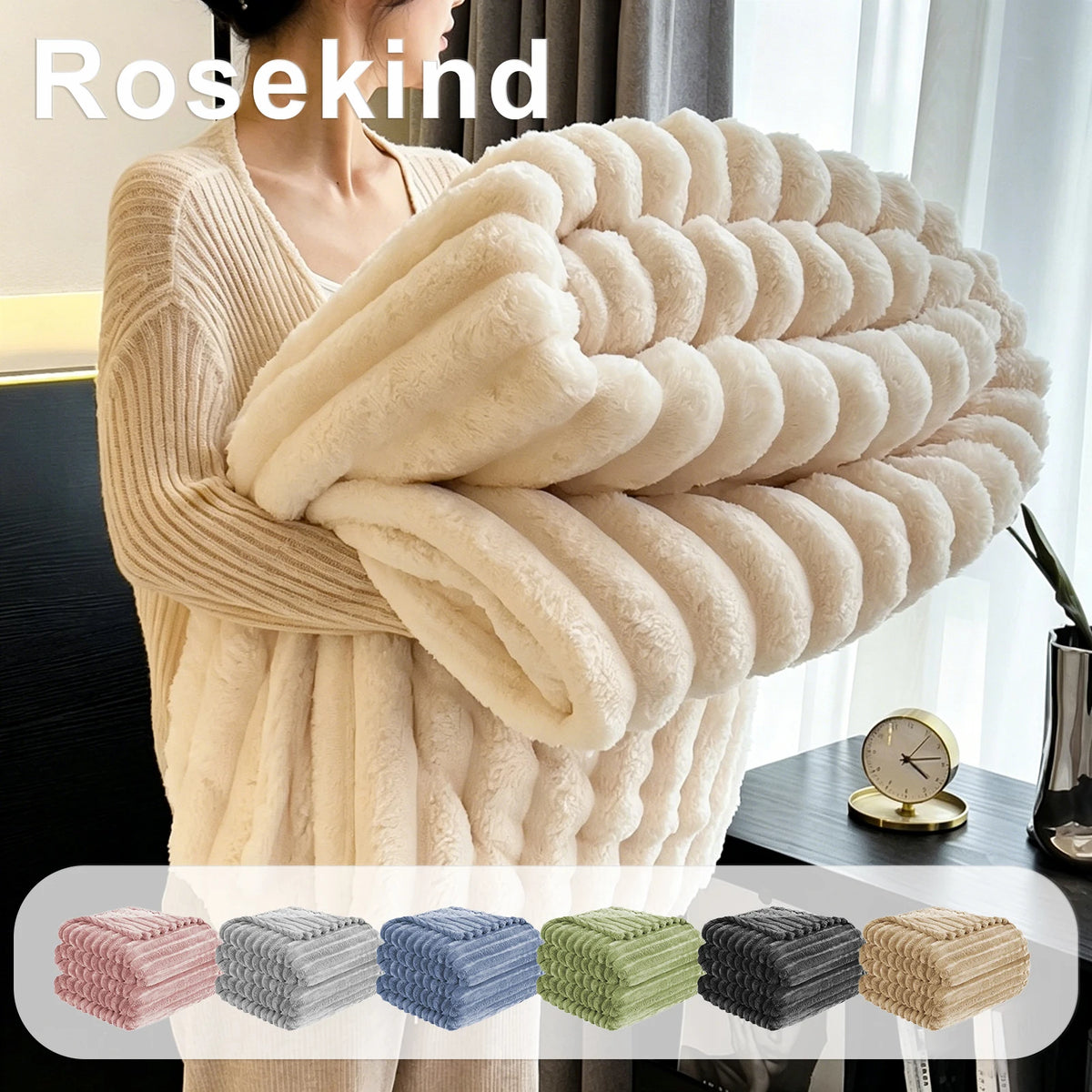 ROSEKIND Soft Faux Fur Rabbit Blanket With Striped Design
