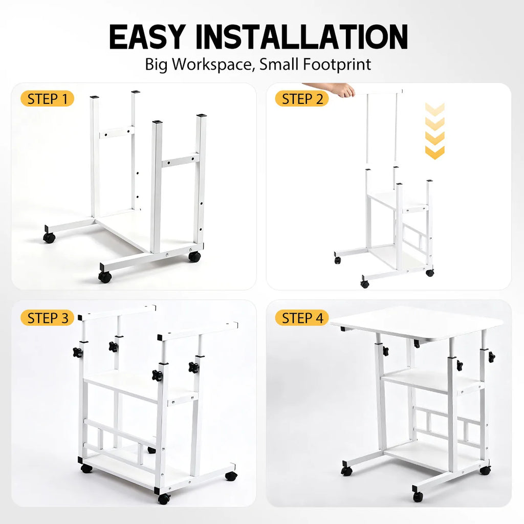 Adjustable Height Rolling Side Table With Three Tier Storage Cart