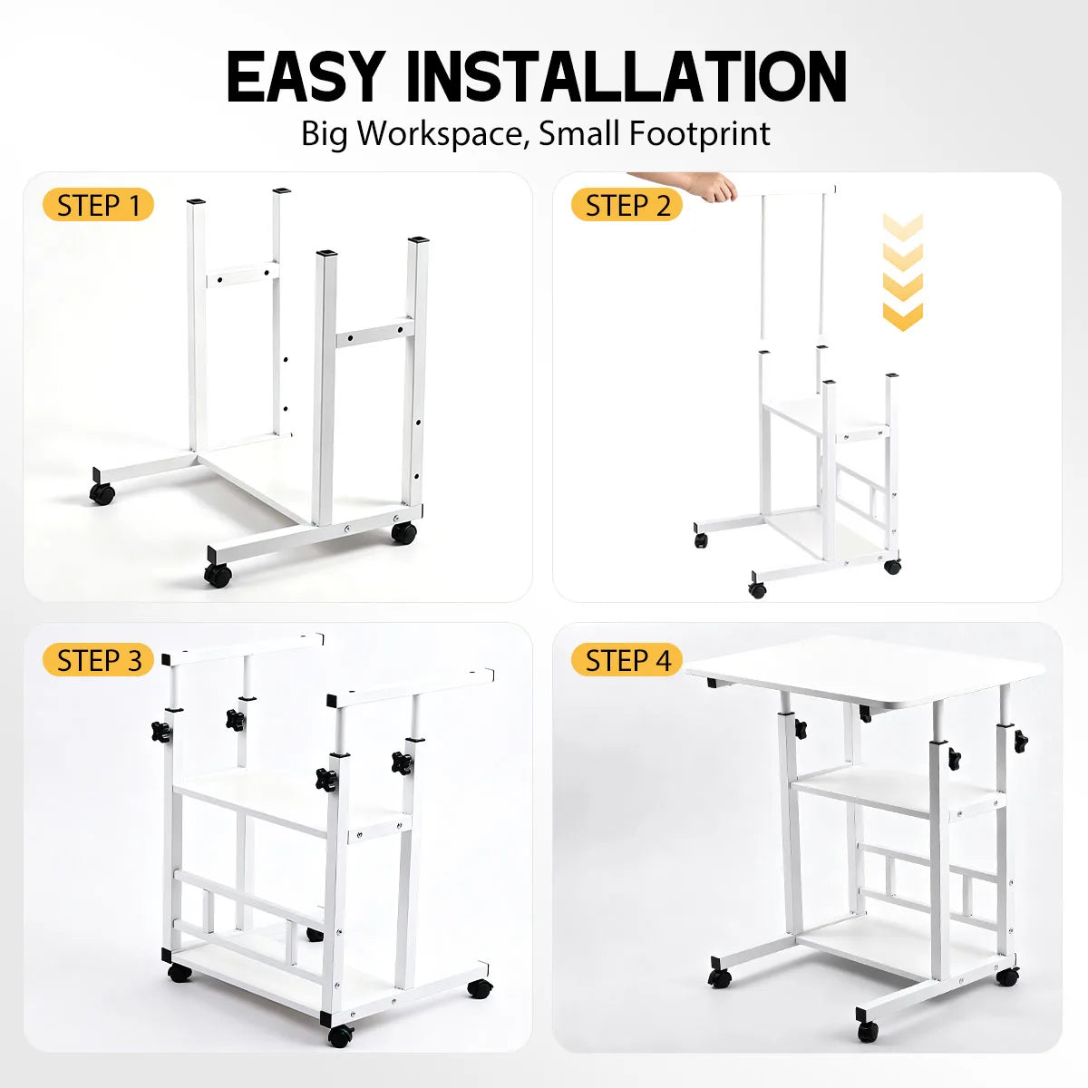 Adjustable Height Rolling Side Table With Three Tier Storage Cart