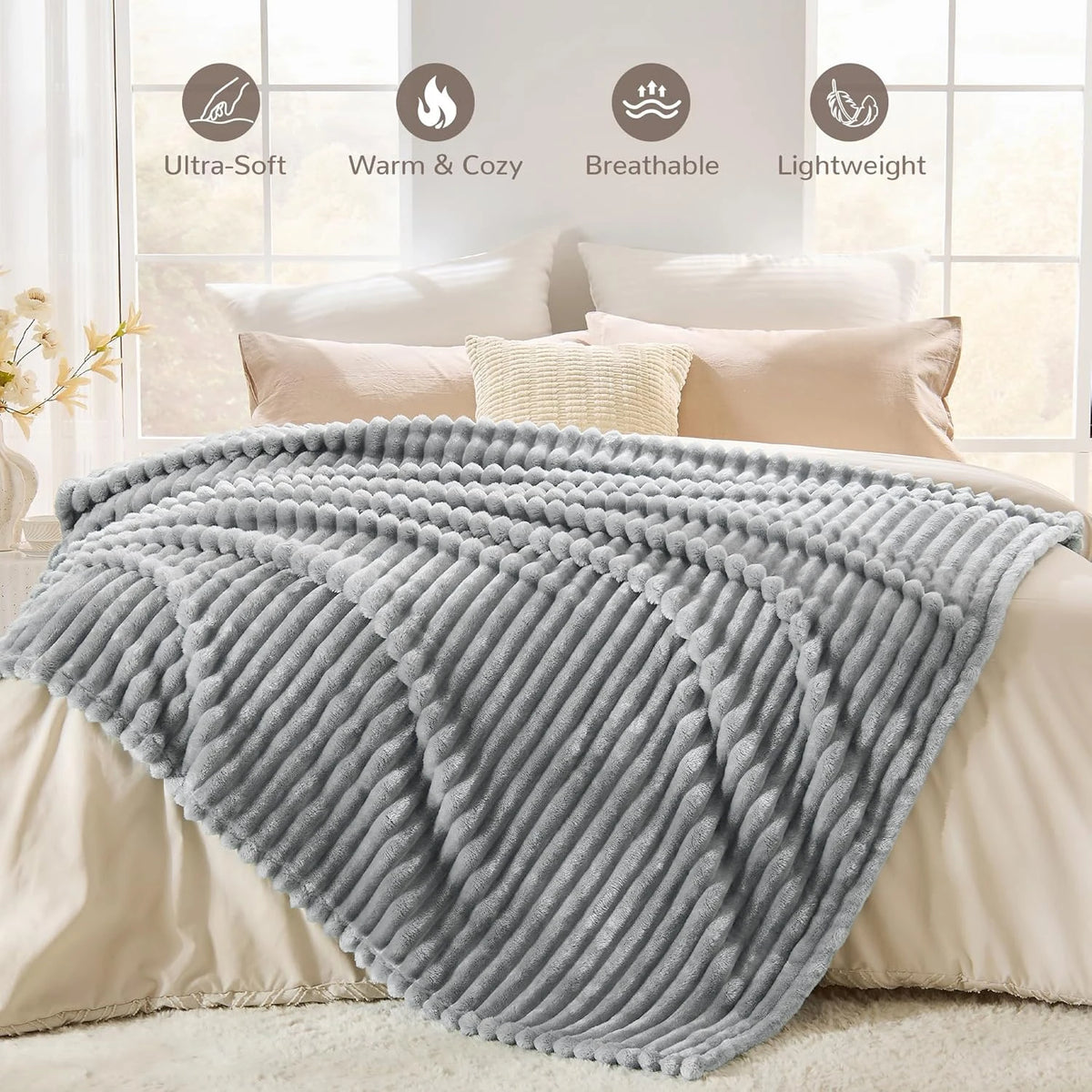 ROSEKIND Soft Faux Fur Rabbit Blanket With Striped Design