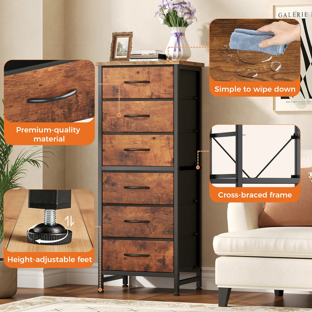 JHK Six Drawer Fabric Dresser With Metal Frame Wood Top