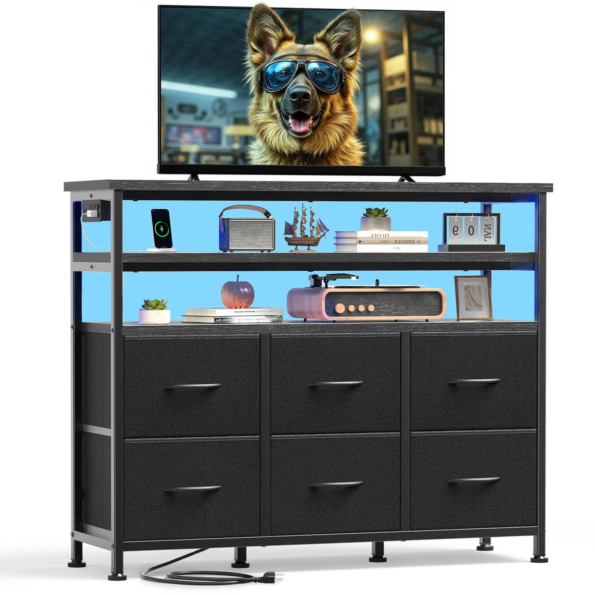 JHK TV Stand With Six Fabric Drawers And Storage Shelves