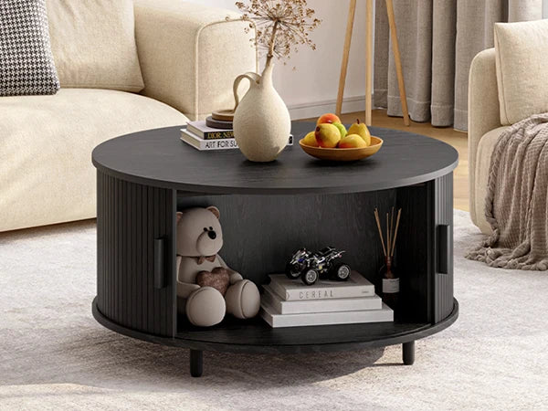 ONBRILL Round Coffee Table With Storage And Fluted Wood Design