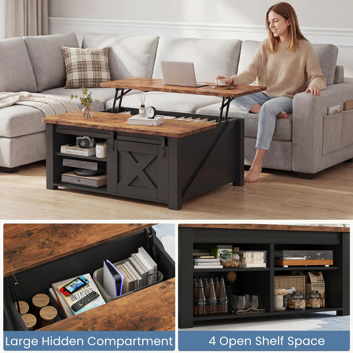 MCQ Lift Top Wooden Coffee Table With Adjustable Storage Shelf