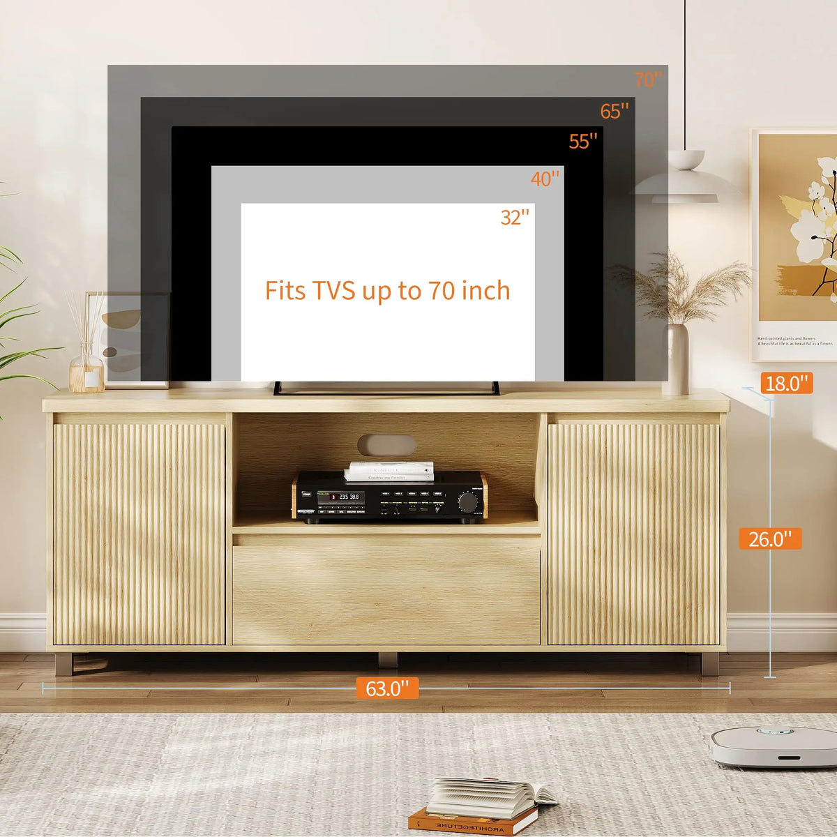 HiMISS Modern TV Stand With Fluted Cabinets And Open Shelves