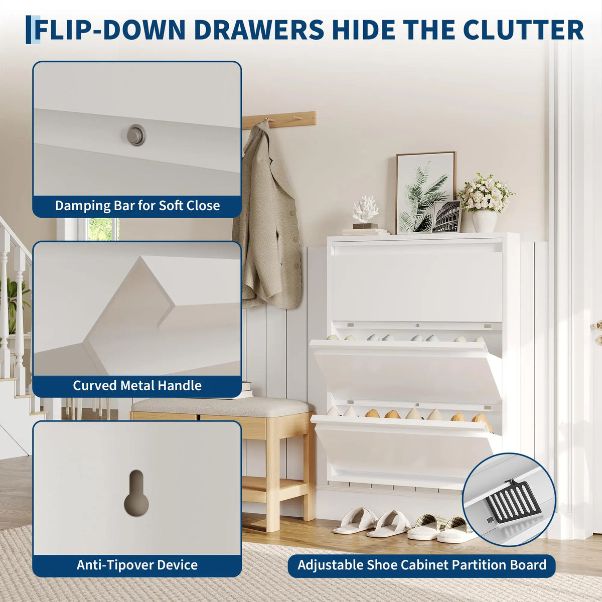 HiMISS Slim Metal Shoe Cabinet With Three Flip Drawers