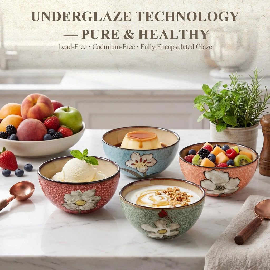 Hand Painted Floral Ceramic Cereal Bowls Set With Classic Design