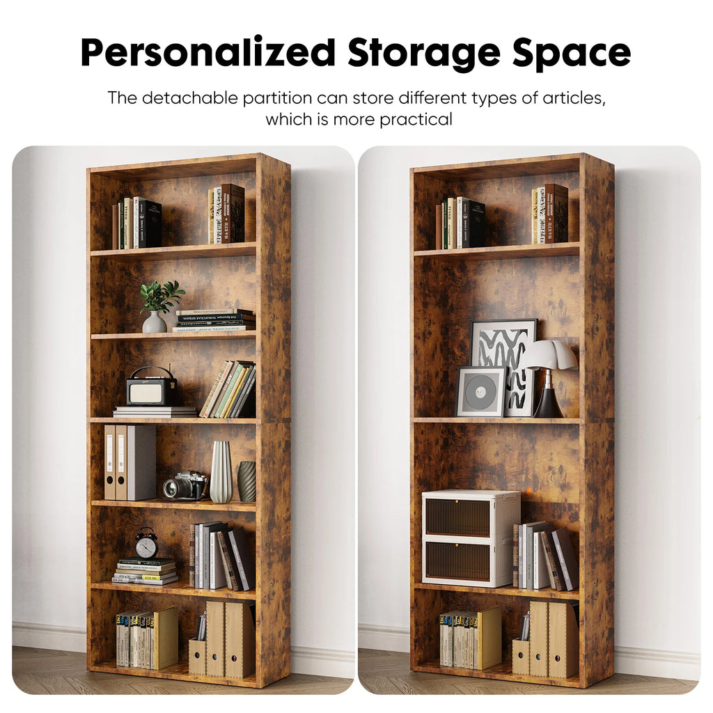 JHK Modern Wooden Bookcase With Six Tier Open Storage Shelves