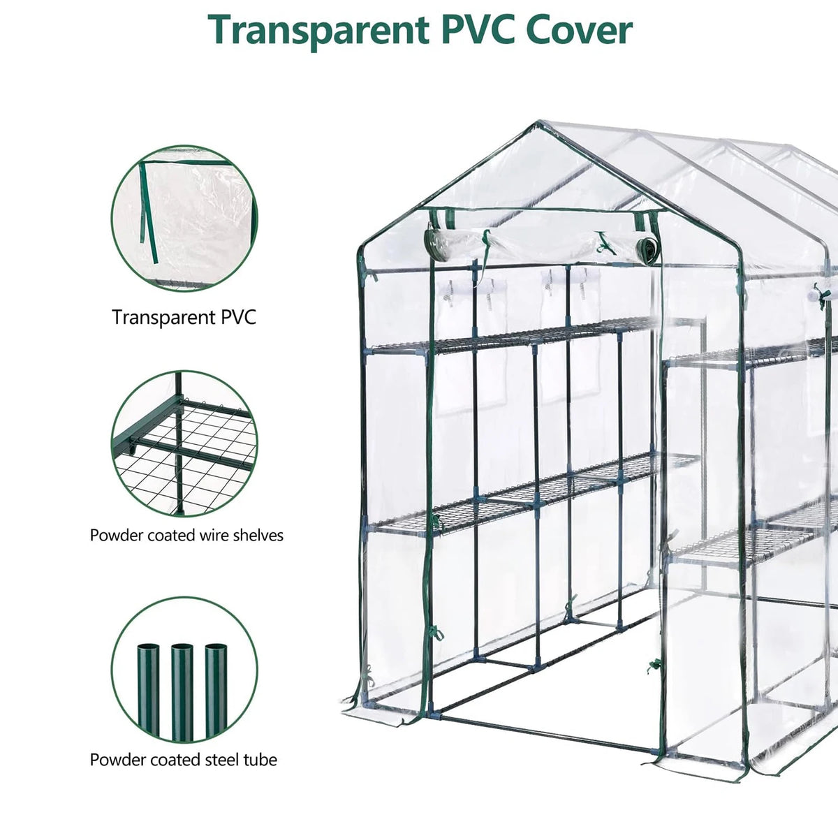 HiMISS Walk-In Greenhouse With PE Cover, Shelves And Zipper Door