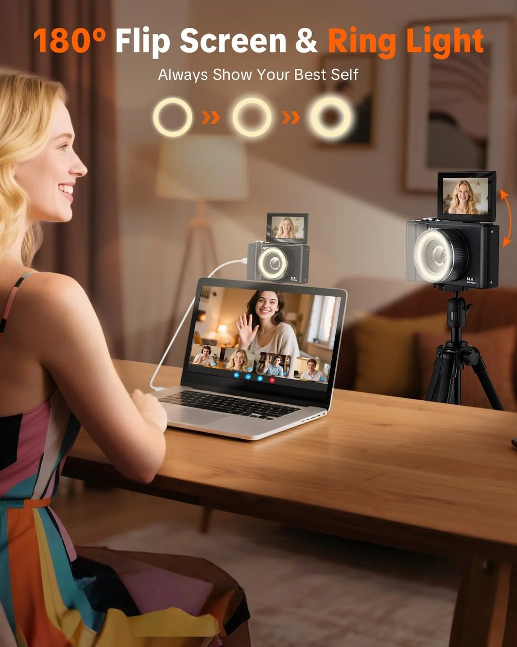 W&O 4K Digital Camera With Flip Screen And Ring Light
