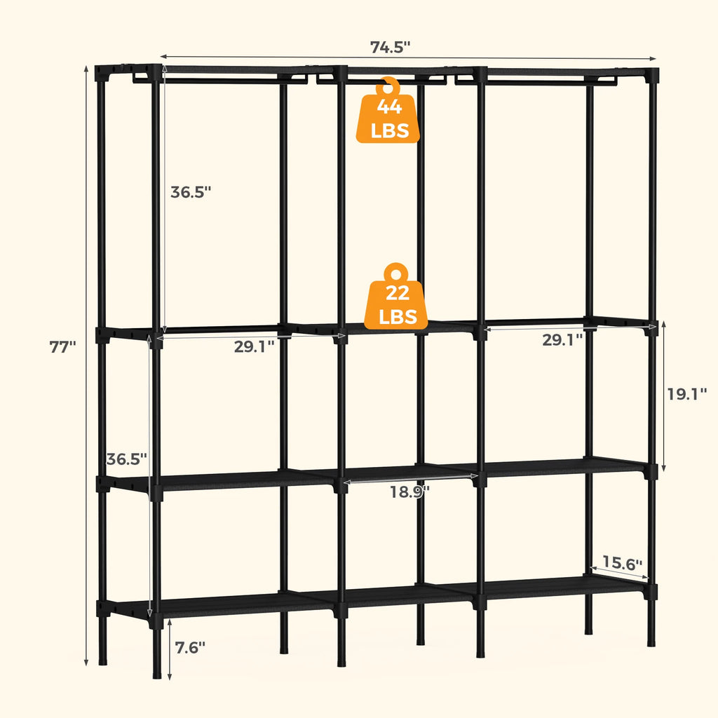 JHK Portable Three Row Wardrobe With Hanging Rods And Shelves