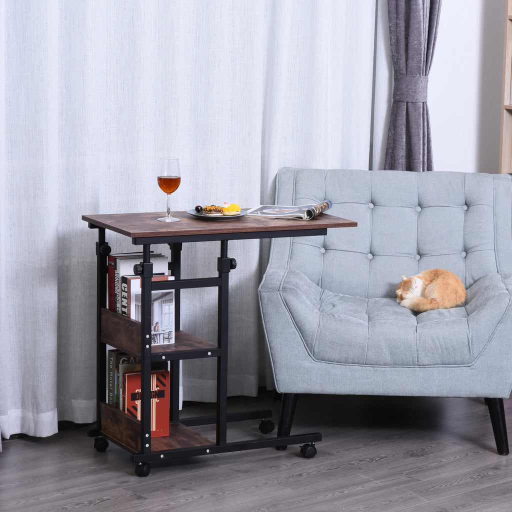 HOMCOM Industrial C-Shaped Rolling Sofa Side Table With Storage Shelves