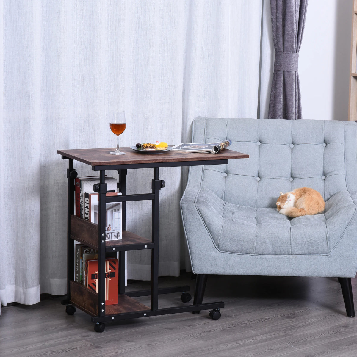 HOMCOM Industrial C-Shaped Rolling Sofa Side Table With Storage Shelves