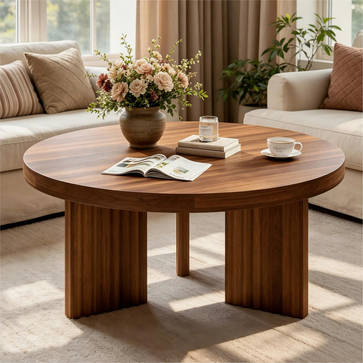 HiMISS Modern Round Coffee Table With Fluted Leg Design
