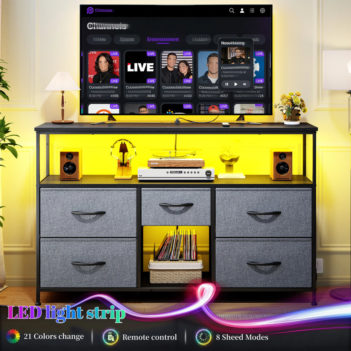 EnHomee Five Drawer TV Console Featuring LED Accent Lighting