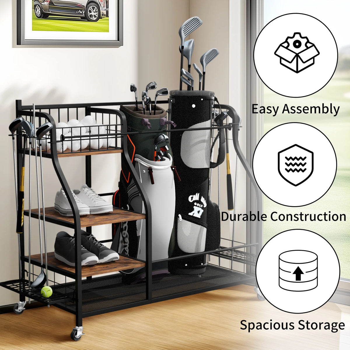 Rolling Golf Bag Storage Rack With Wheels And Three Tiers