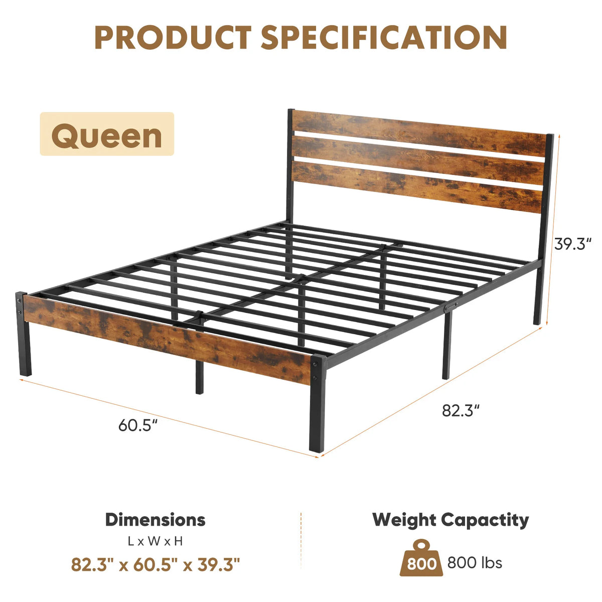 MCQ Wooden Headboard Metal Platform Bed Frame With Sturdy Slat Support