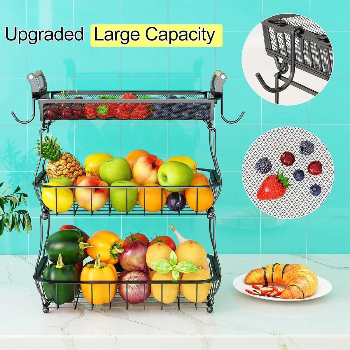 Stainless Steel Fruit Basket With Banana Hangers For Kitchen Storage