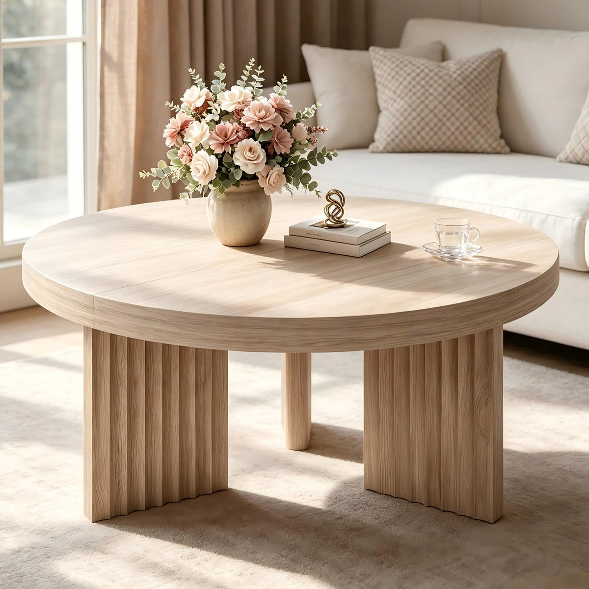 HiMISS Modern Round Coffee Table With Fluted Leg Design