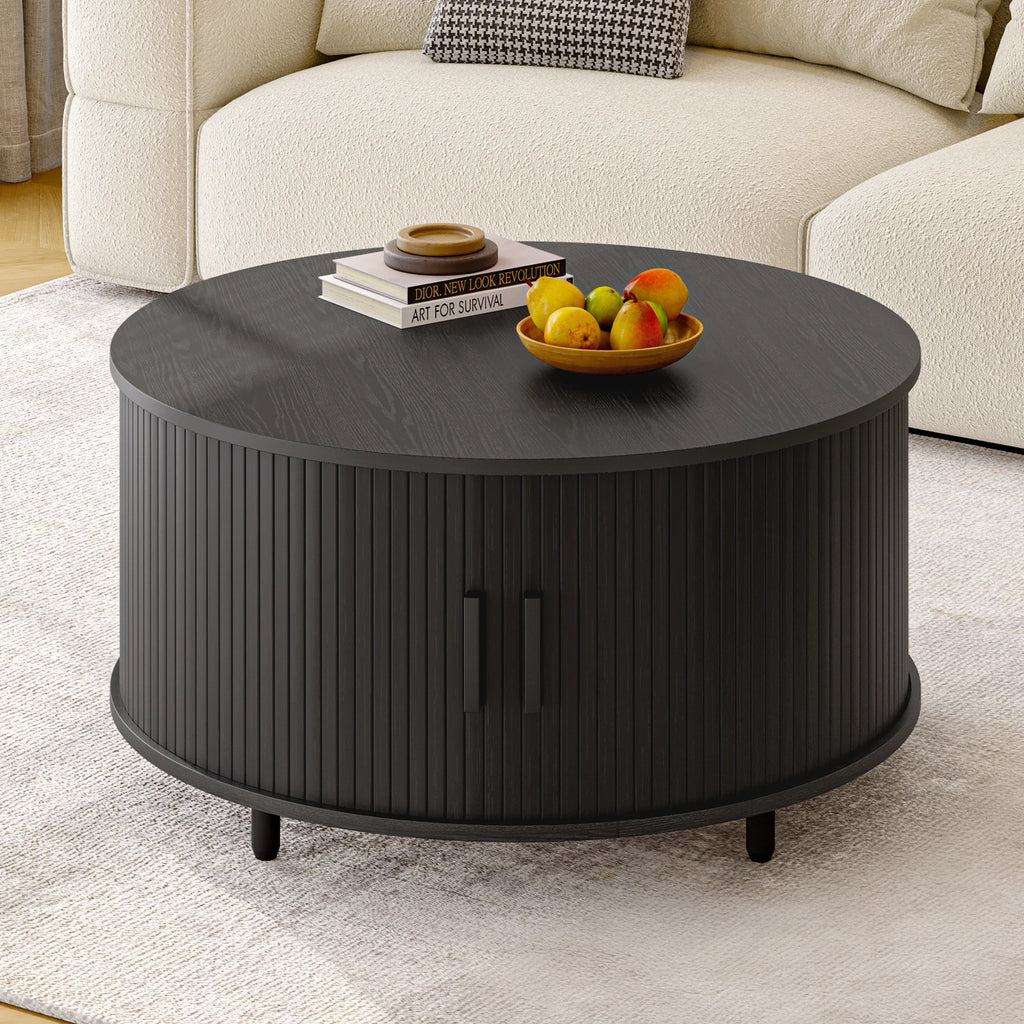 ONBRILL Round Coffee Table With Storage And Fluted Wood Design