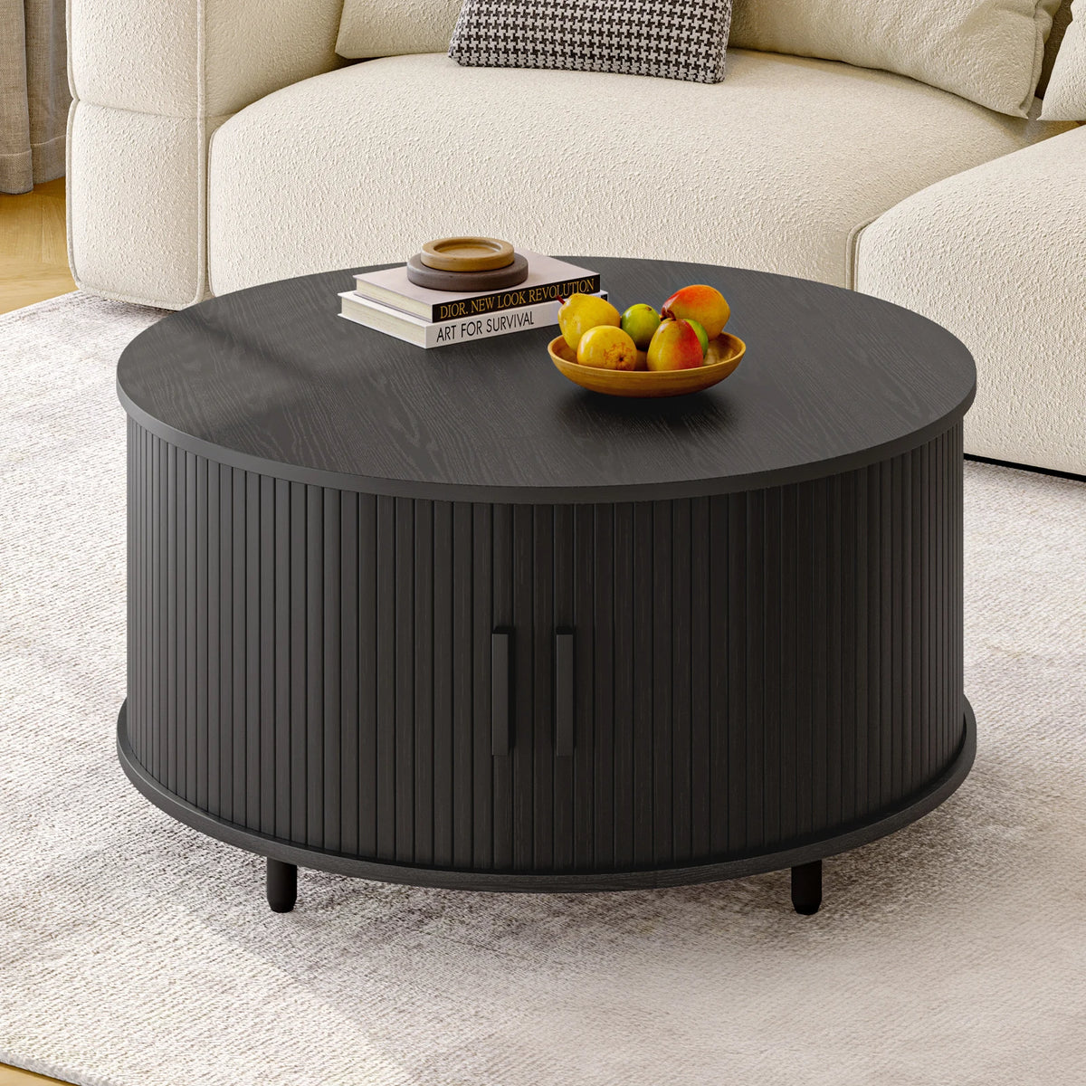 ONBRILL Round Coffee Table With Storage And Fluted Wood Design
