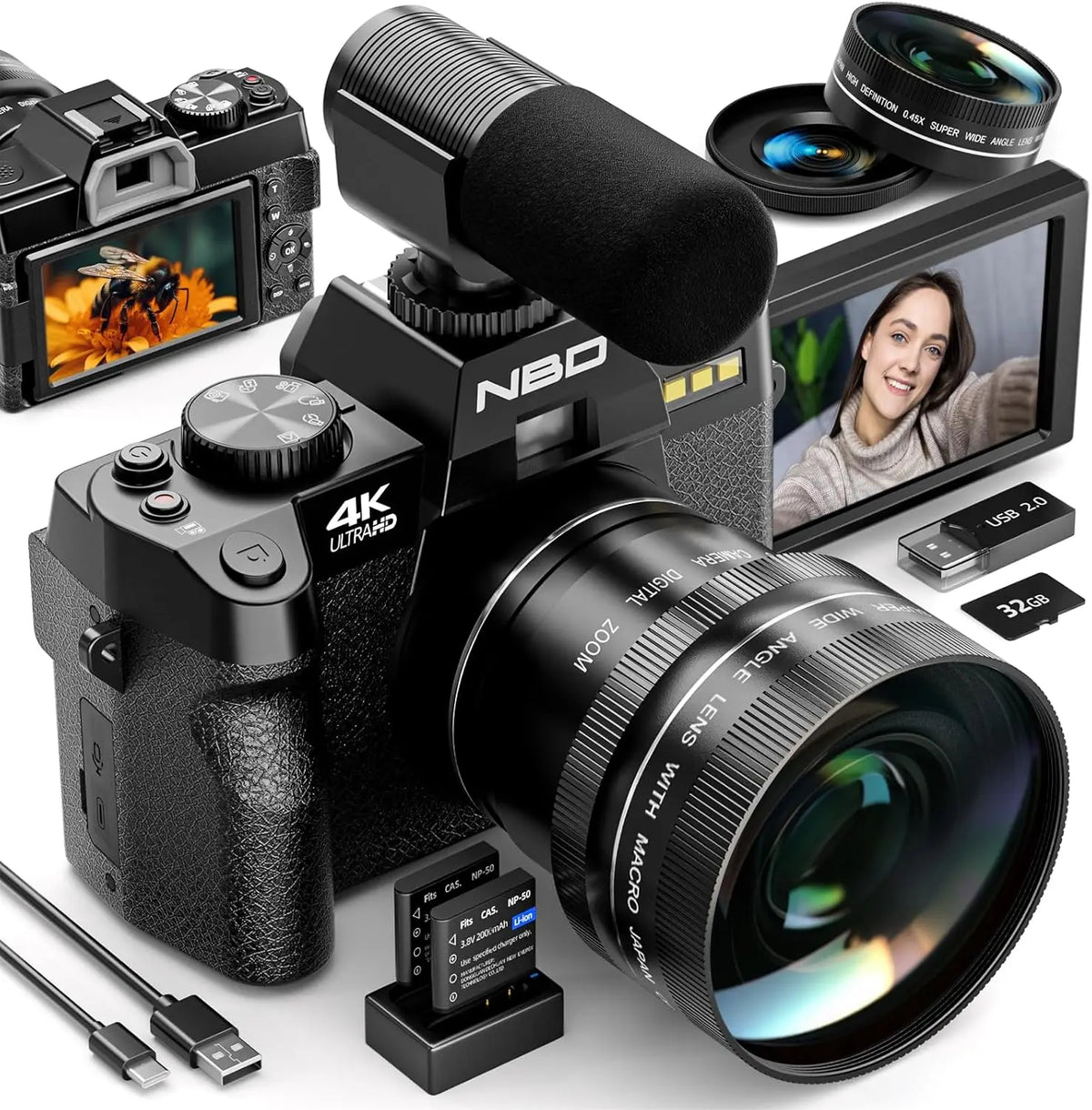 NBD 4K Camera With 48MP Flip Screen and Macro Lens