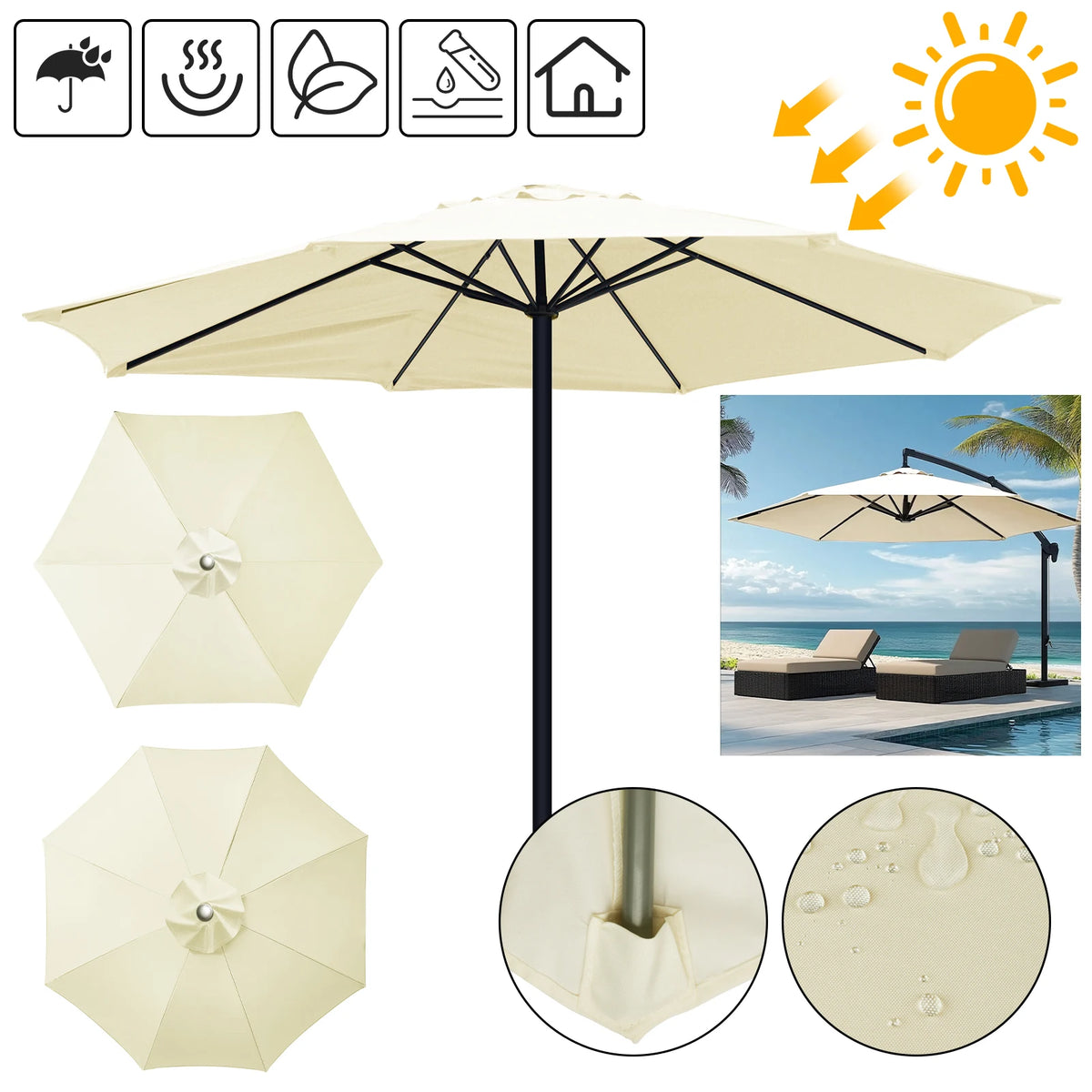 Waterproof Replacement Patio Umbrella Canopy Cover for Outdoor Garden