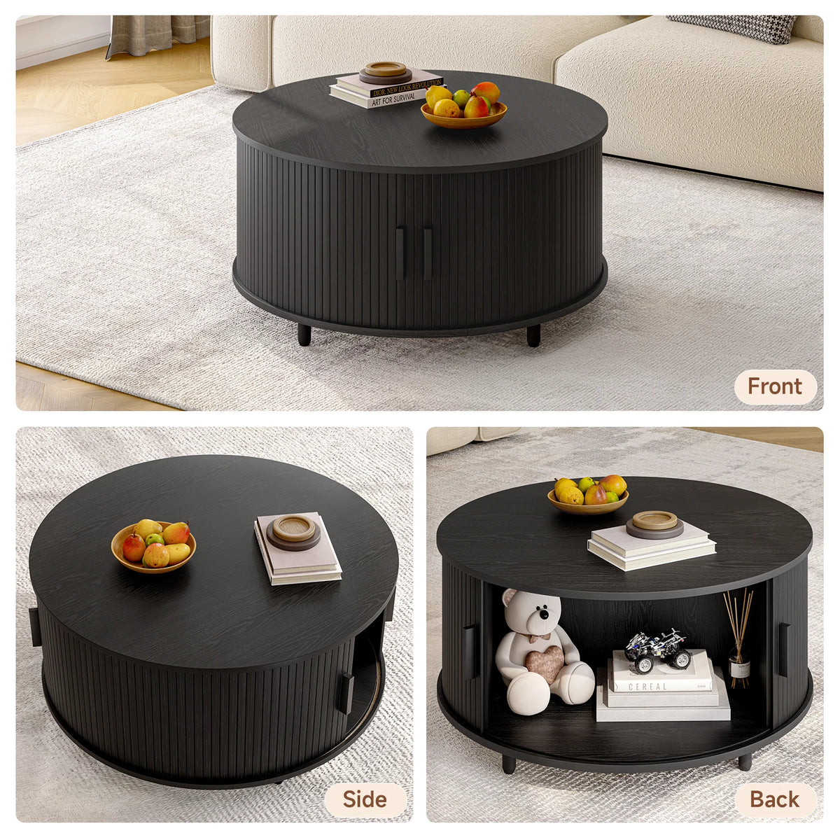 ONBRILL Round Coffee Table With Storage And Fluted Wood Design