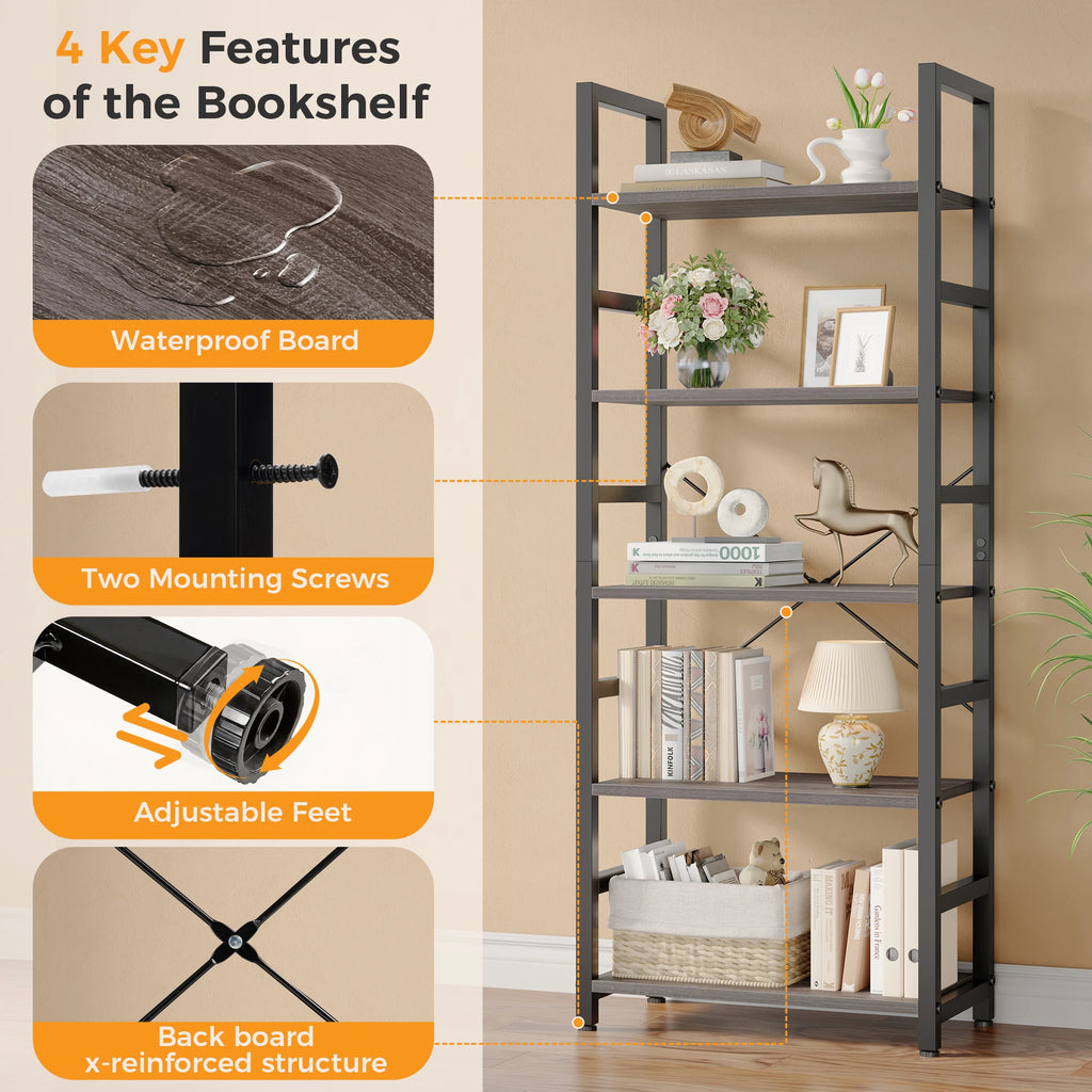 MCQ Wooden Five Tier Standing Bookshelf With Adjustable Feet