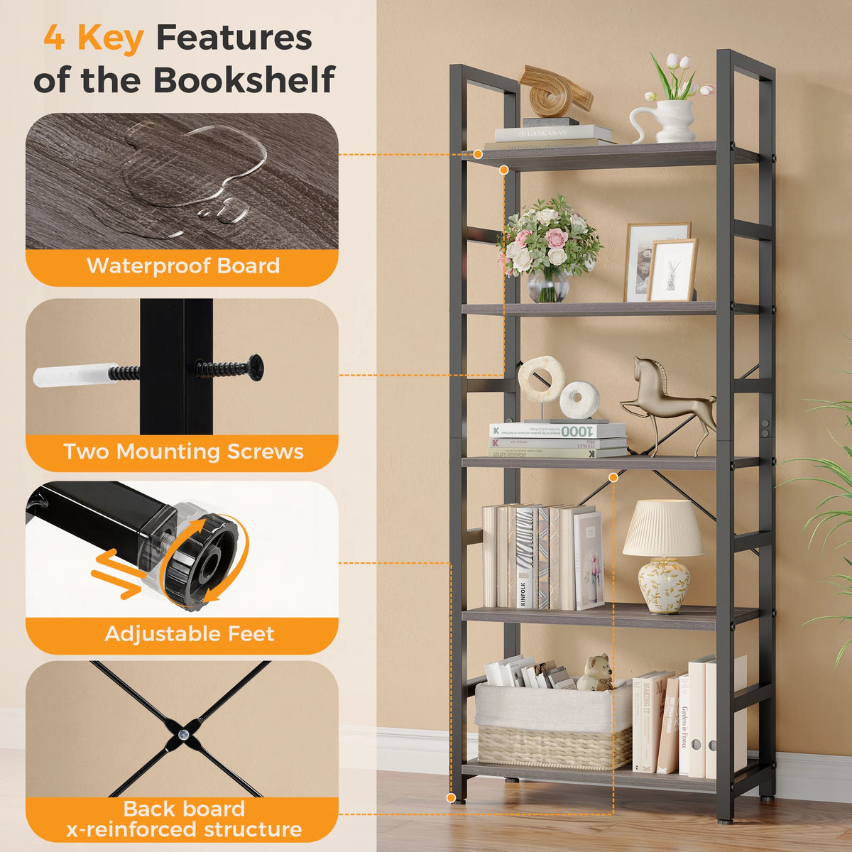 MCQ Wooden Five Tier Standing Bookshelf With Adjustable Feet