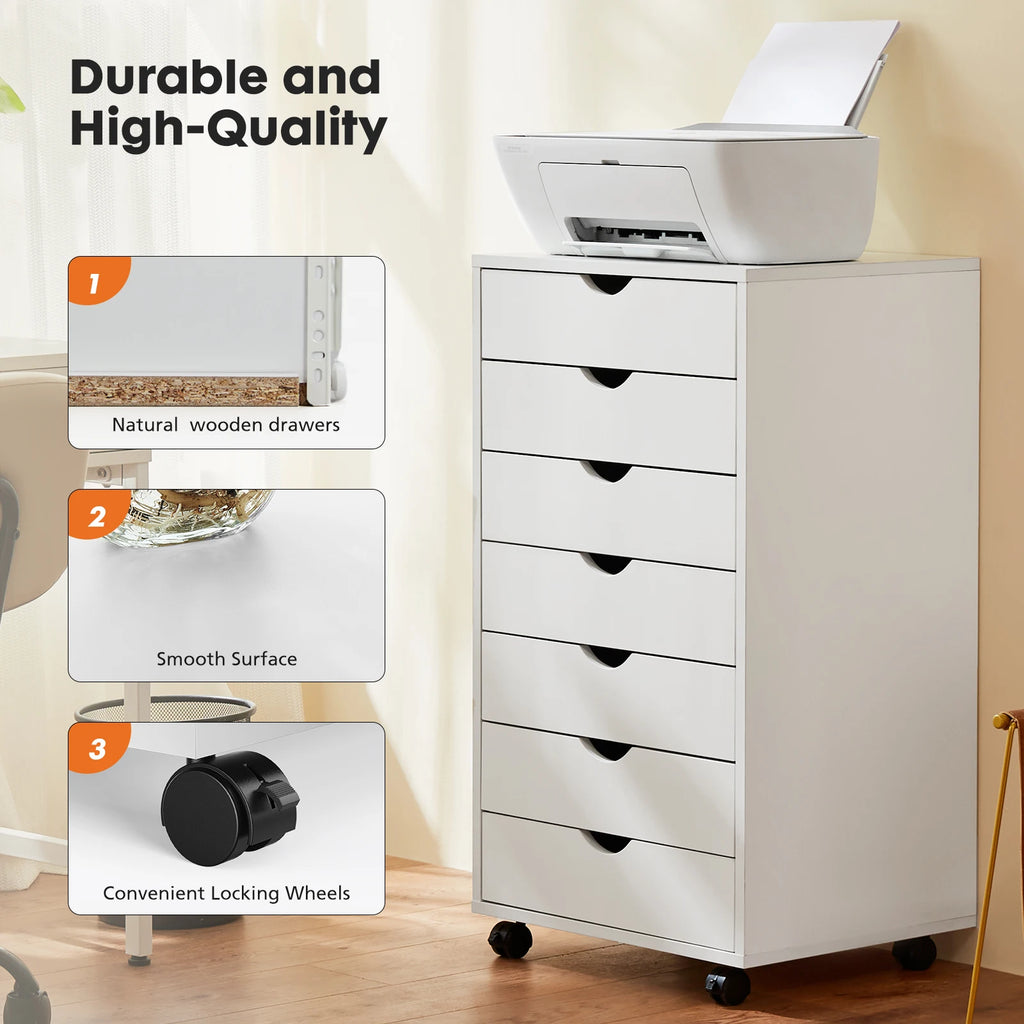 JHK Seven Drawer Wooden Storage Cabinet With Rolling Wheels