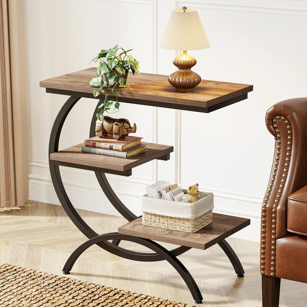Tribesigns C Shaped Industrial Three Tier End Table With Storage