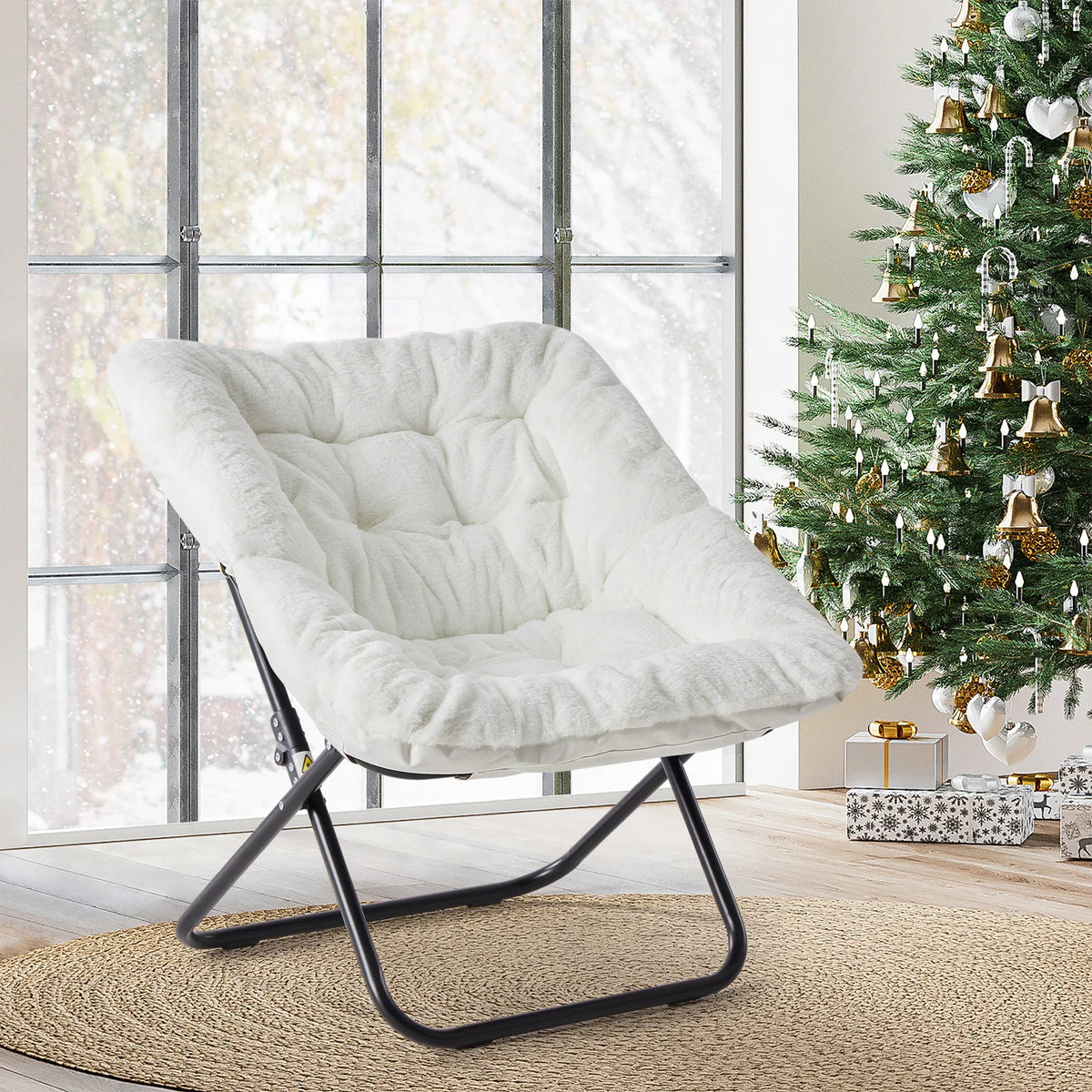 JHK Cozy Faux Fur Folding Saucer Chair With Metal Frame