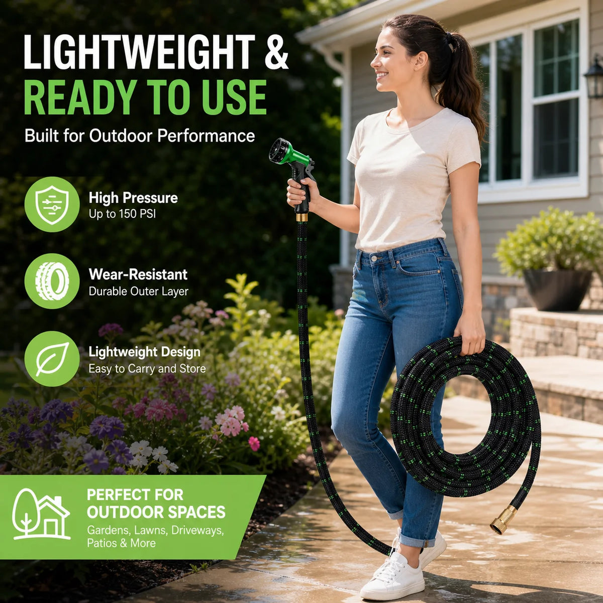Flexible Garden Hose With 10 Spray Modes And Brass Connector