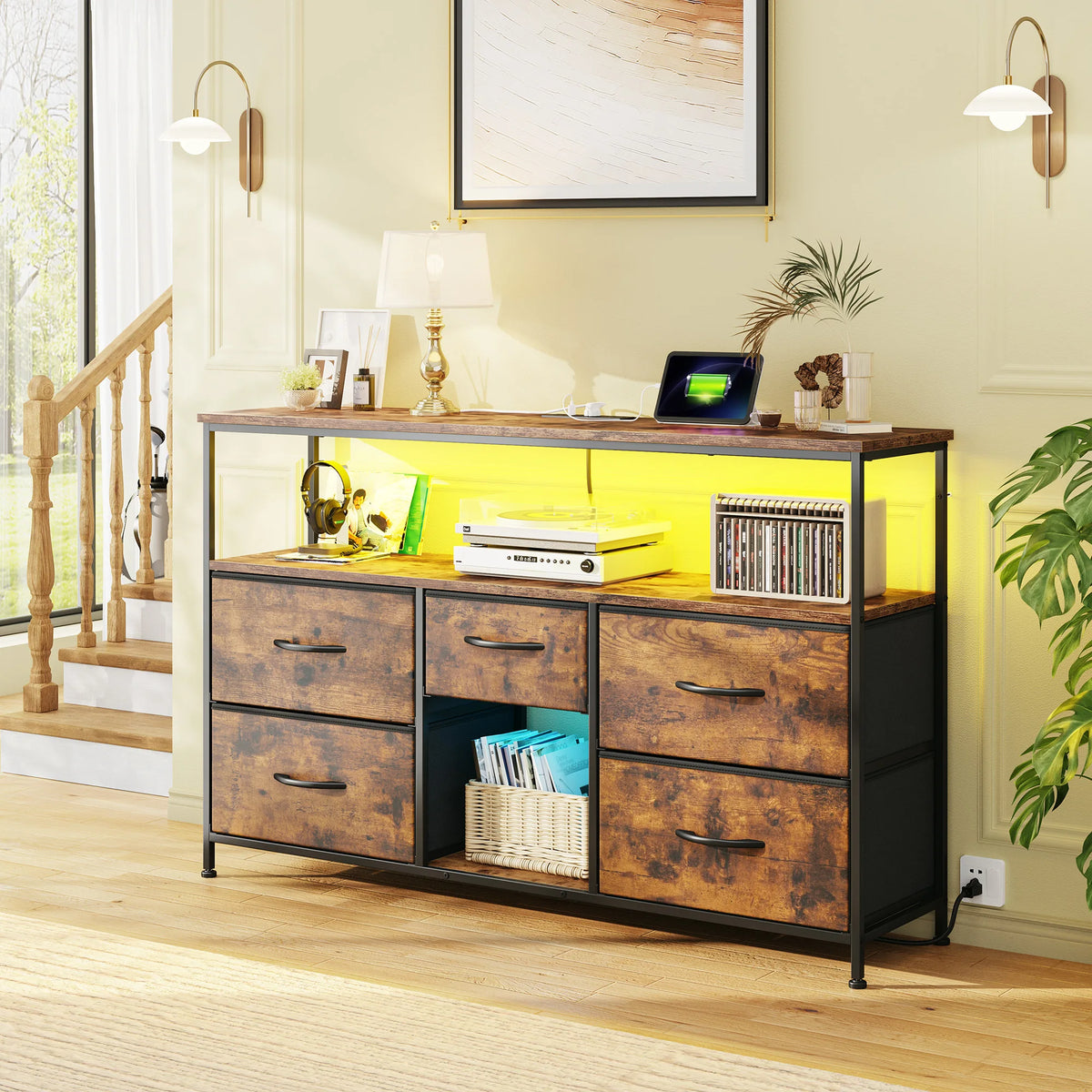 EnHomee Five Drawer TV Console Featuring LED Accent Lighting