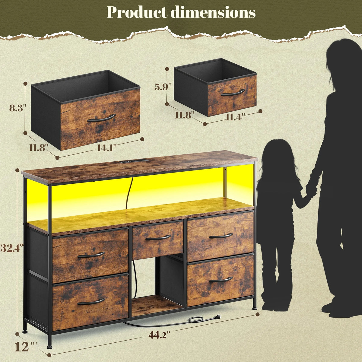 EnHomee Five Drawer TV Console Featuring LED Accent Lighting