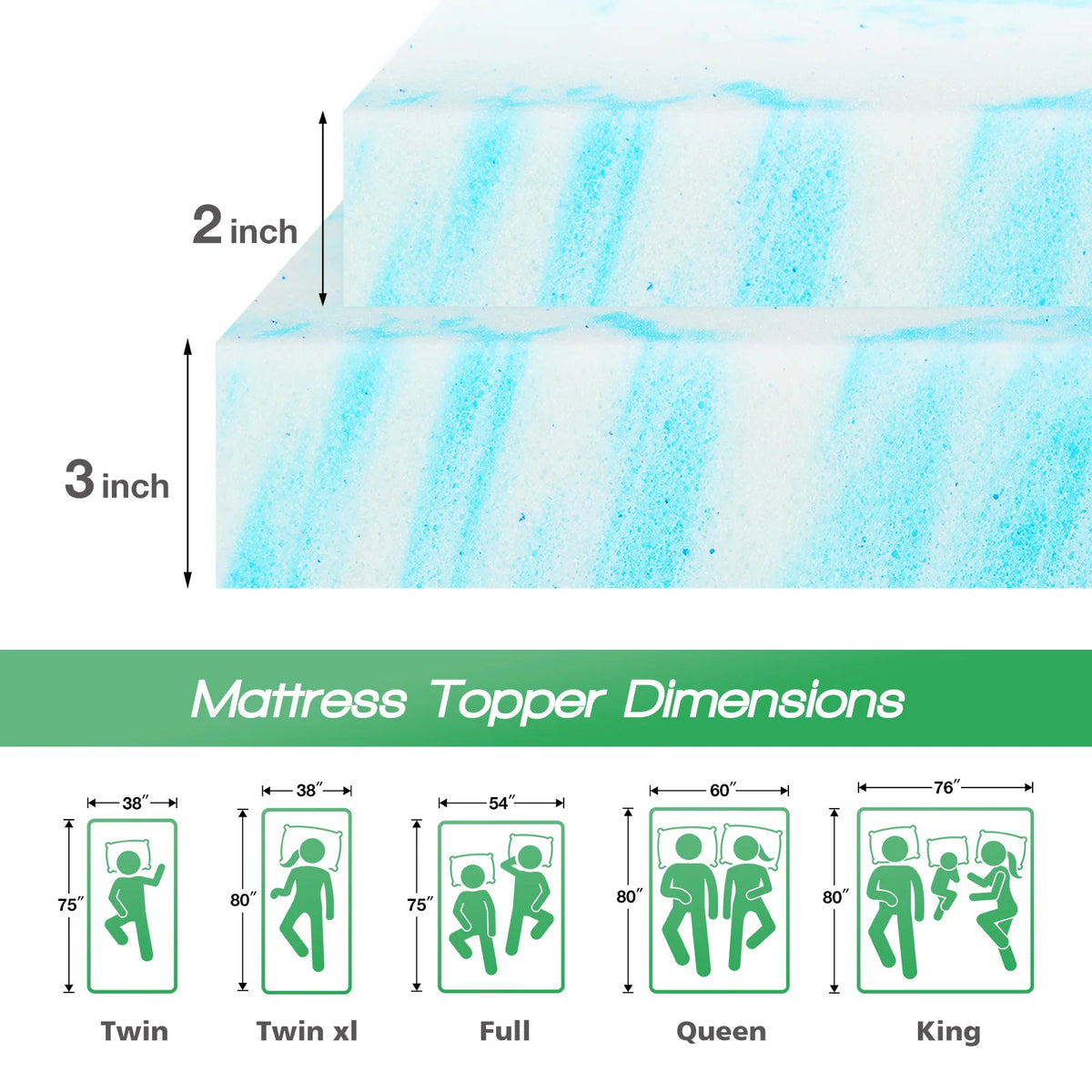 JHK 2-3 Inch Memory Foam Mattress Topper Queen Size Thick Gel  Cooling Mattress Soft and Breathable Bed Topper Bedroom Furniture