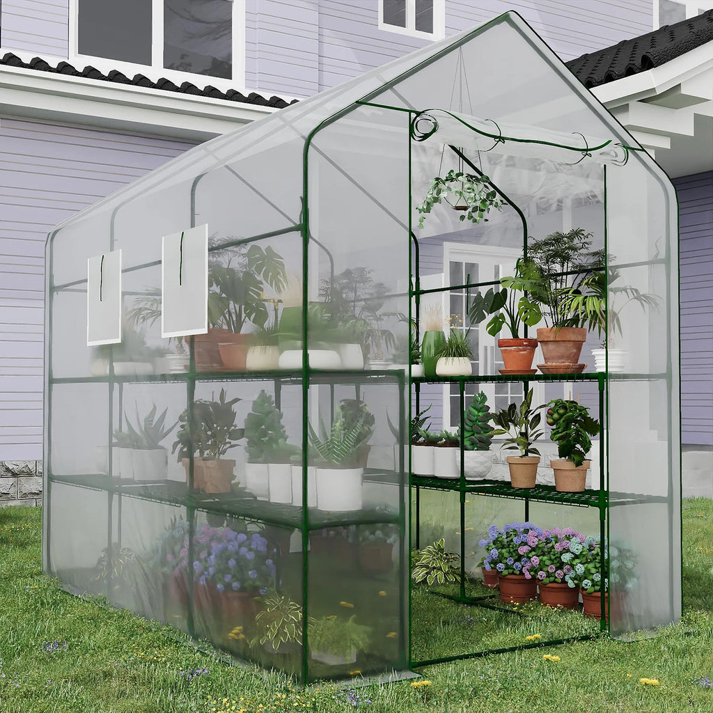 HiMISS Walk-In Greenhouse With PE Cover, Shelves And Zipper Door